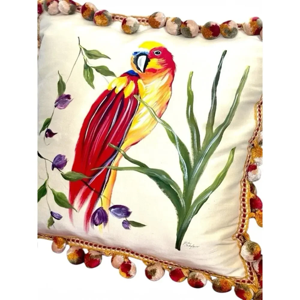 Silk Down Pillow Parrot Bird Poms Luxury IL FIORE Handmade Large 22x22